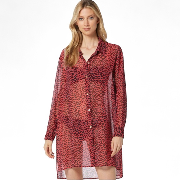 Michael Kors Swim Cover-Up Medium Semi Sheer Button Up‎ Leopard Print Red New - Picture 1 of 10